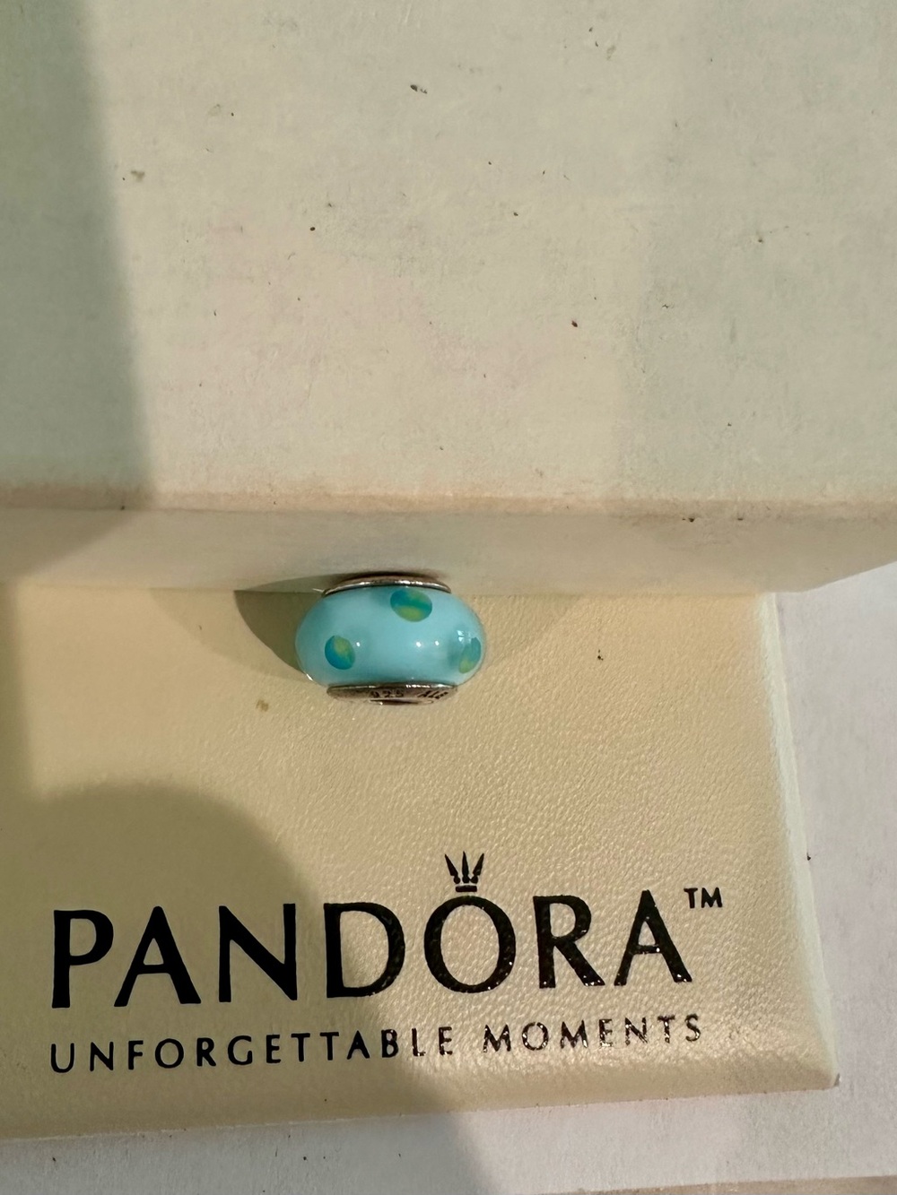 Murano Glass Bead Charm in Aqua with Green Dots